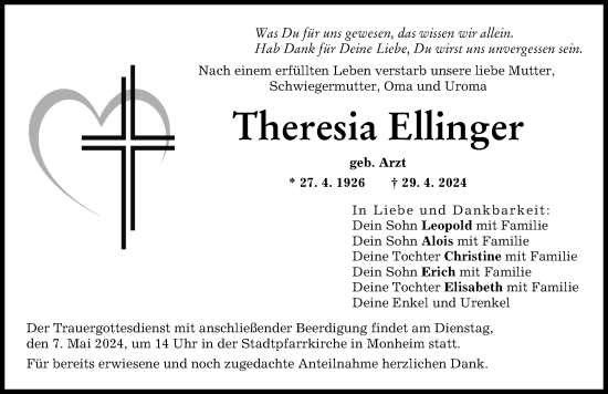 Traueranzeige von Theresia Ellinger von Donauwörther Zeitung