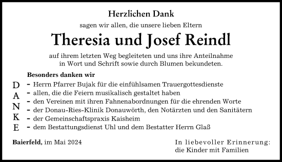 Traueranzeige von Theresia Reindl von Donauwörther Zeitung