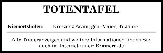 Traueranzeige von Totentafel vom 02.05.2024 von Aichacher Nachrichten