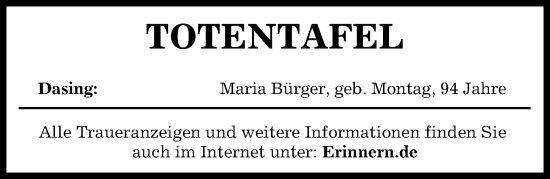 Traueranzeige von Totentafel vom 15.05.2024 von Aichacher Nachrichten