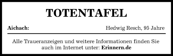 Traueranzeige von Totentafel vom 23.05.2024 von Aichacher Nachrichten
