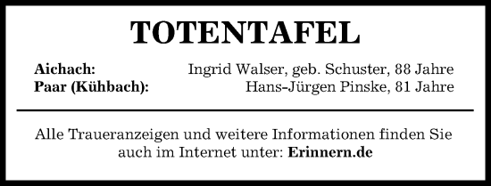 Traueranzeige von Totentafel vom 25.05.2024 von Aichacher Nachrichten