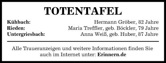 Traueranzeige von Totentafel vom 29.05.2024 von Aichacher Nachrichten