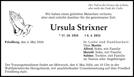 Traueranzeige von Ursula Strixner von Friedberger Allgemeine, Augsburger Allgemeine