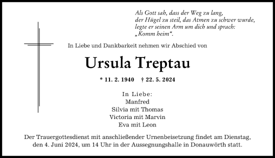 Traueranzeige von Ursula Treptau von Donauwörther Zeitung