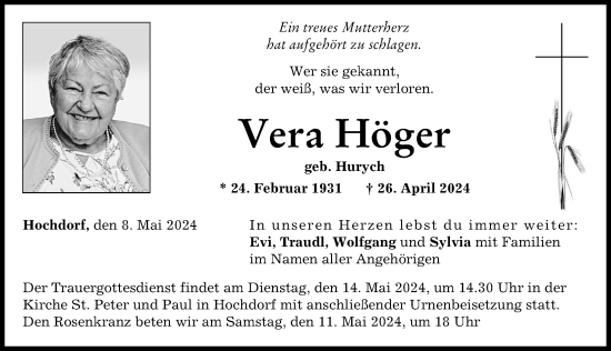 Traueranzeige von Vera Höger von Friedberger Allgemeine