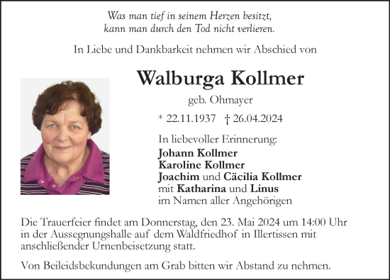 Traueranzeige von Walburga Kollmer von Illertisser Zeitung