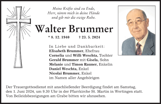 Traueranzeige von Walter Brummer von Wertinger Zeitung