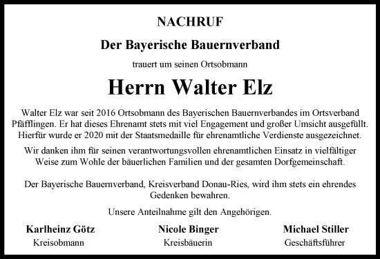 Traueranzeige von Walter Elz von Rieser Nachrichten, Donauwörther Zeitung