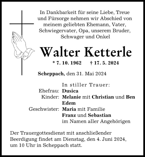 Traueranzeige von Walter Ketterle von Günzburger Zeitung