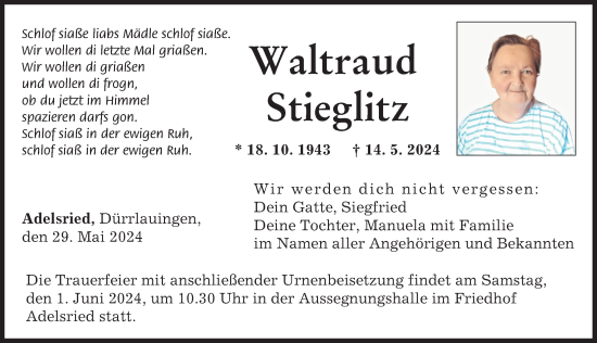 Traueranzeige von Waltraud Stieglitz von Günzburger Zeitung, Augsburger Allgemeine