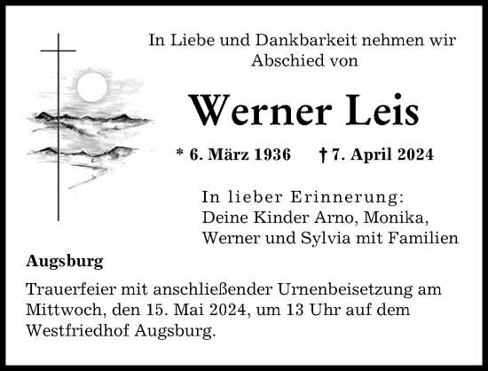 Traueranzeige von Werner Leis von Augsburger Allgemeine