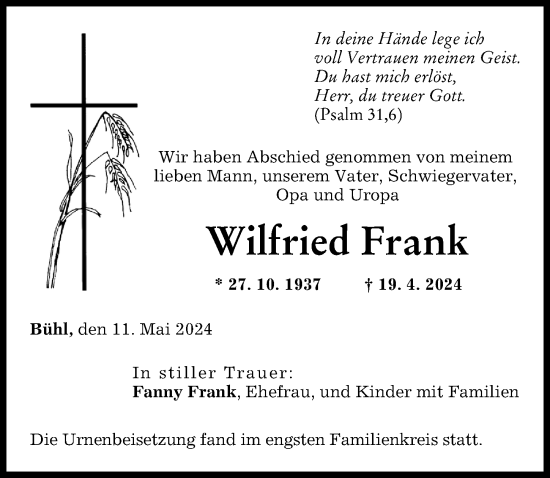 Traueranzeige von Wilfried Frank von Günzburger Zeitung