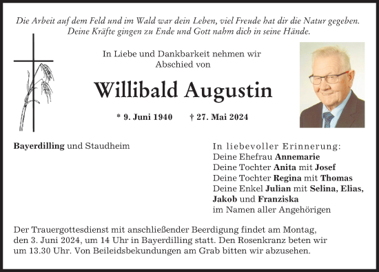 Traueranzeige von Willibald Augustin von Neuburger Rundschau, Donauwörther Zeitung