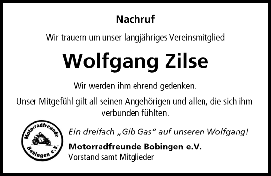 Traueranzeige von Wolfgang Zilse von Augsburger Allgemeine