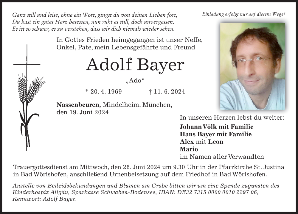  Traueranzeige für Adolf Bayer vom 19.06.2024 aus Mindelheimer Zeitung