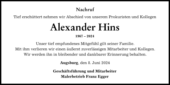 Traueranzeige von Alexander Hins von Augsburger Allgemeine