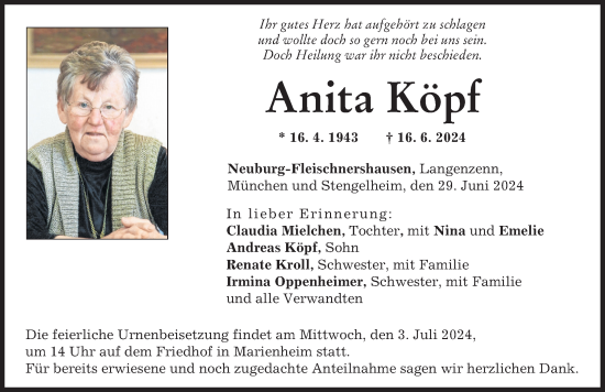 Traueranzeige von Anita Köpf von Neuburger Rundschau