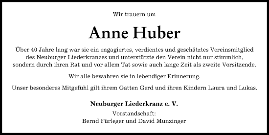 Traueranzeige von Anne Huber von Neuburger Rundschau