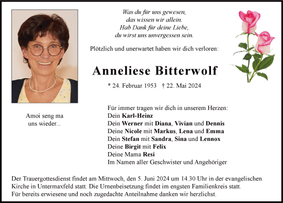 Traueranzeige von Anneliese Bitterwolf von Neuburger Rundschau