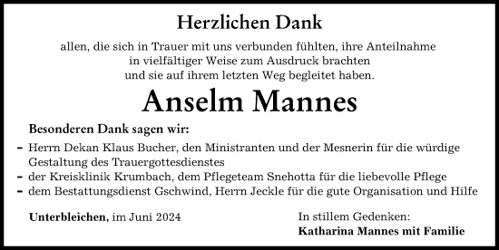 Traueranzeige von Anselm Mannes von Mittelschwäbische Nachrichten