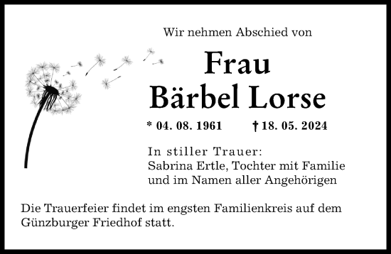 Traueranzeige von Bärbel Lorse von Günzburger Zeitung