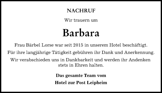 Traueranzeige von Barbara  von Günzburger Zeitung