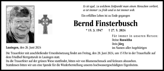 Traueranzeige von Bernd Finsterbusch von Donau Zeitung