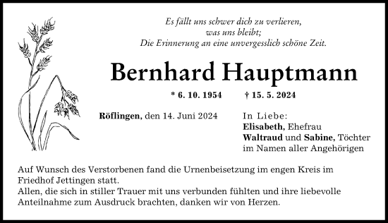 Traueranzeige von Bernhard Hauptmann von Günzburger Zeitung