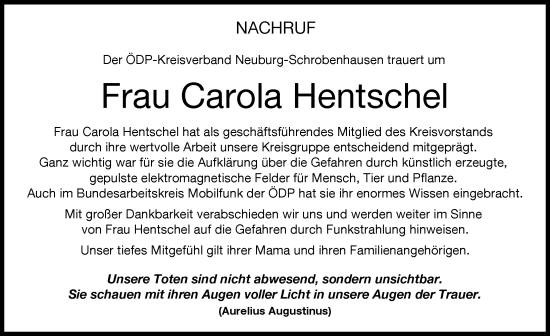 Traueranzeige von Carola Hentschel von Neuburger Rundschau