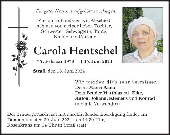 Traueranzeige von Carola Hentschel von Neuburger Rundschau