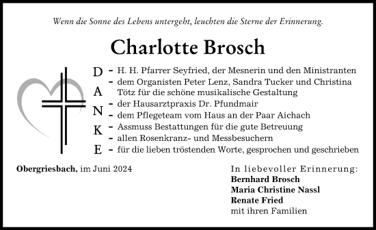 Traueranzeige von Charlotte Brosch von Aichacher Nachrichten