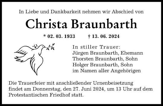 Traueranzeige von Christa Braunbarth von Augsburger Allgemeine