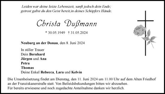 Traueranzeige von Christa Daßmann von Neuburger Rundschau