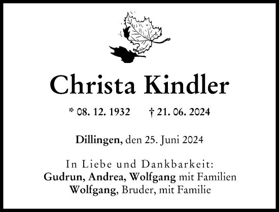 Traueranzeige von Christa Kindler von Donau Zeitung