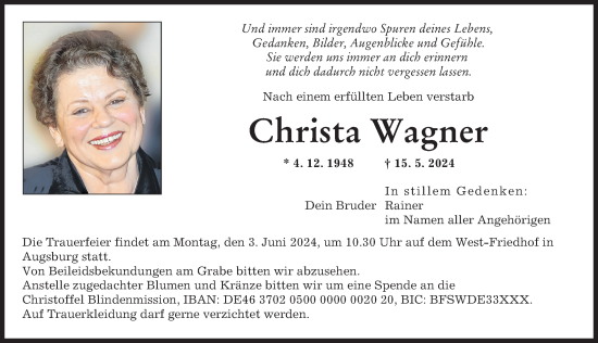 Traueranzeige von Christa Wagner von Augsburger Allgemeine