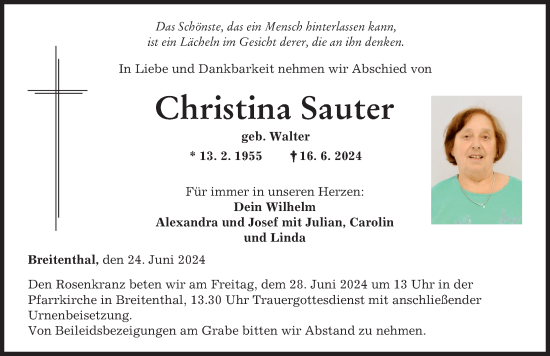 Traueranzeige von Christina Sauter von Illertisser Zeitung, Mittelschwäbische Nachrichten