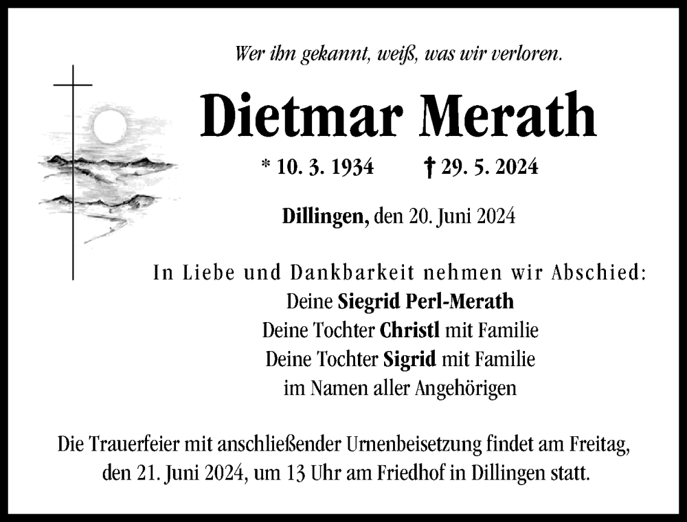  Traueranzeige für Dietmar Merath vom 20.06.2024 aus Donau Zeitung