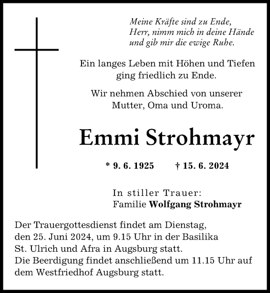 Traueranzeige von Emmi Strohmayr von Augsburg-Land