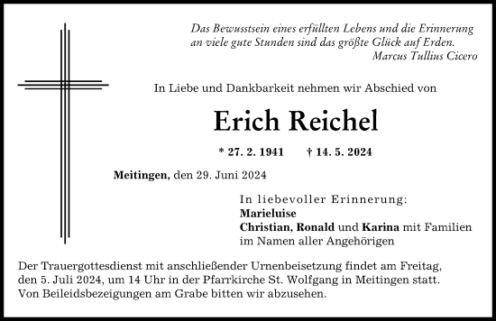 Traueranzeige von Erich Reichel von Augsburg-Land