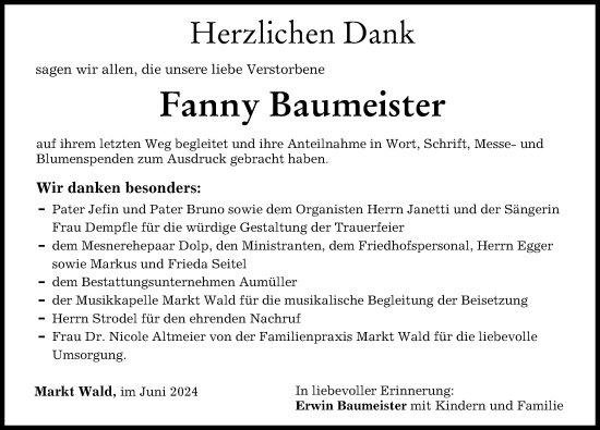 Traueranzeige von Fanny Baumeister von Mindelheimer Zeitung