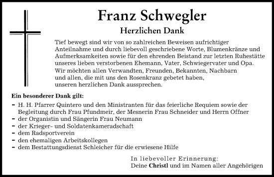 Traueranzeige von Franz Schwegler von Friedberger Allgemeine