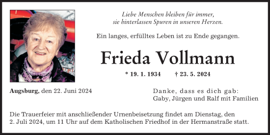 Traueranzeige von Frieda Vollmann von Augsburger Allgemeine