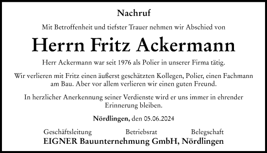 Traueranzeige von Fritz Ackermann von Rieser Nachrichten