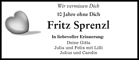 Traueranzeige von Fritz Sprenzl von Augsburger Allgemeine
