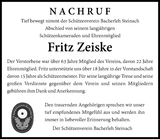Traueranzeige von Fritz Zeiske von Friedberger Allgemeine