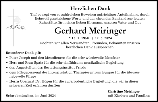 Traueranzeige von Gerhard Meiringer von Schwabmünchner Allgemeine