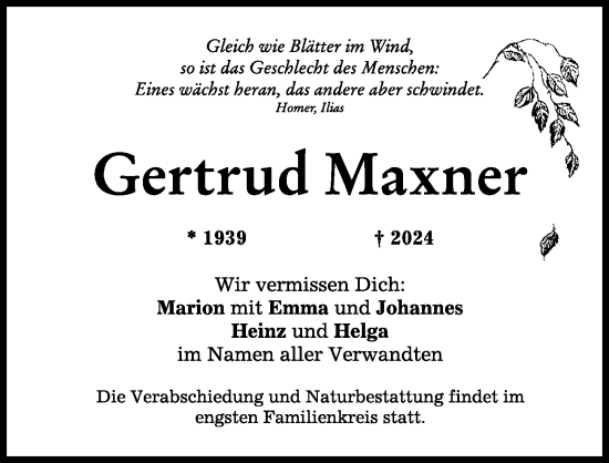 Traueranzeige von Gertrud Maxner von Mindelheimer Zeitung