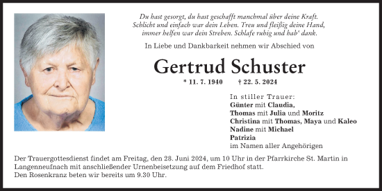 Traueranzeige von Gertrud Schuster von Schwabmünchner Allgemeine