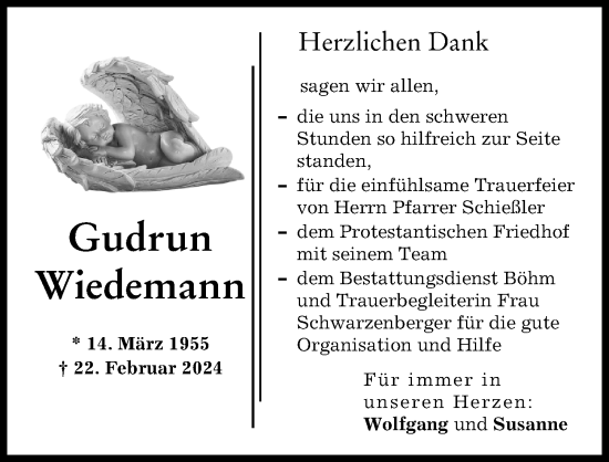 Traueranzeige von Gudrun Wiedemann von Augsburger Allgemeine